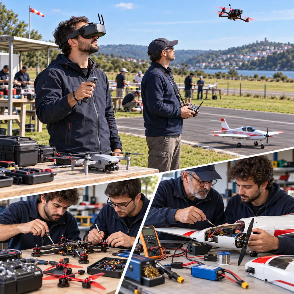 Pilotagem de drones e aeromodelos numa pista, montagem e reparação em bancada