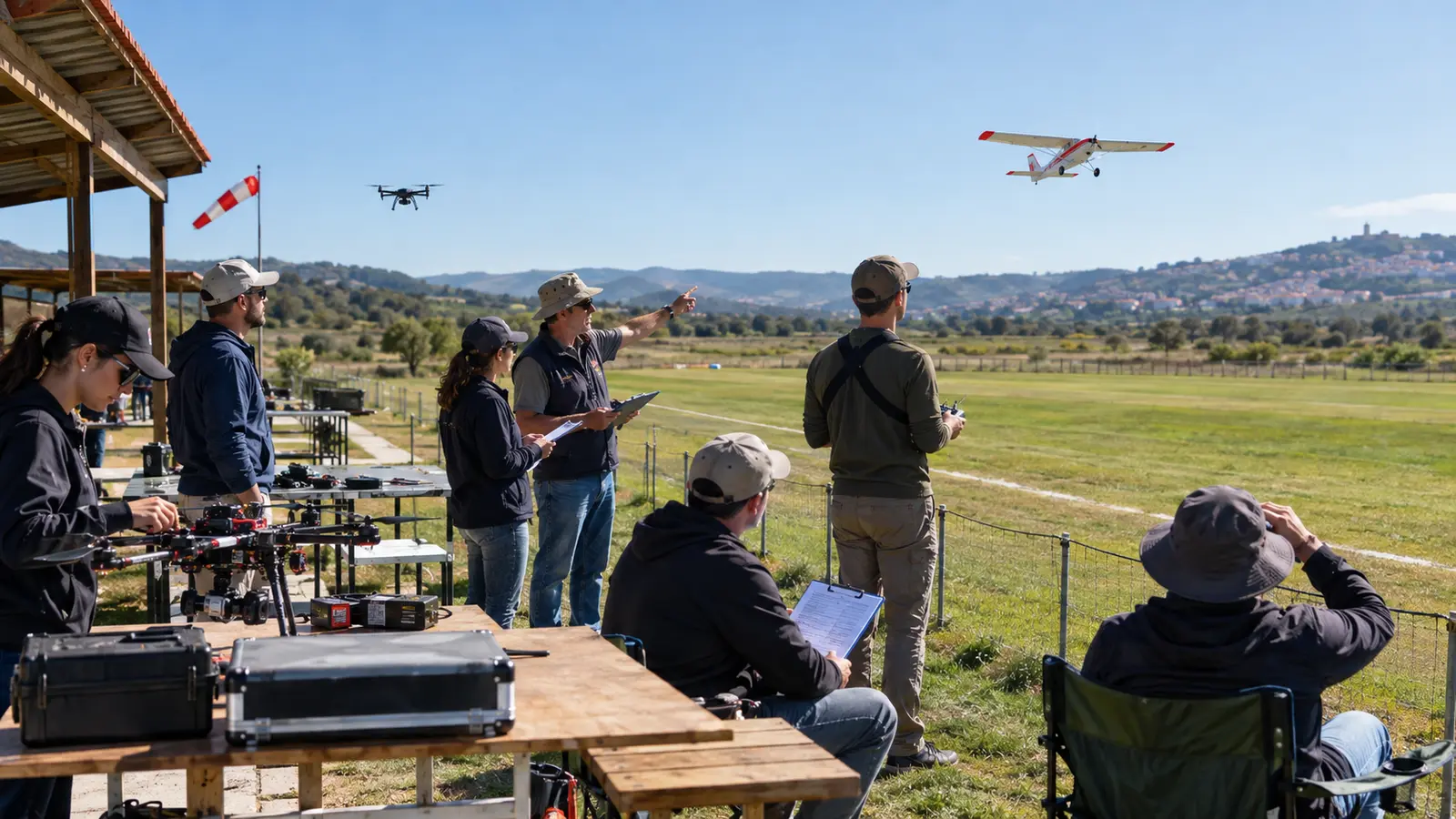 Turma numa sessão acompanhada de drones e aeromodelos em pista