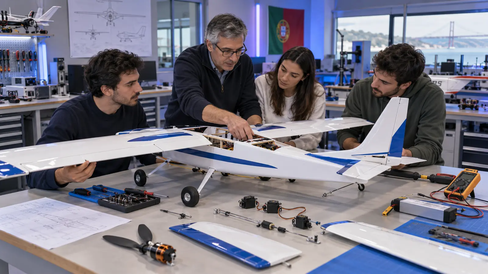 Alunos e formador a montar e afinar um aeromodelo trainer em laboratório