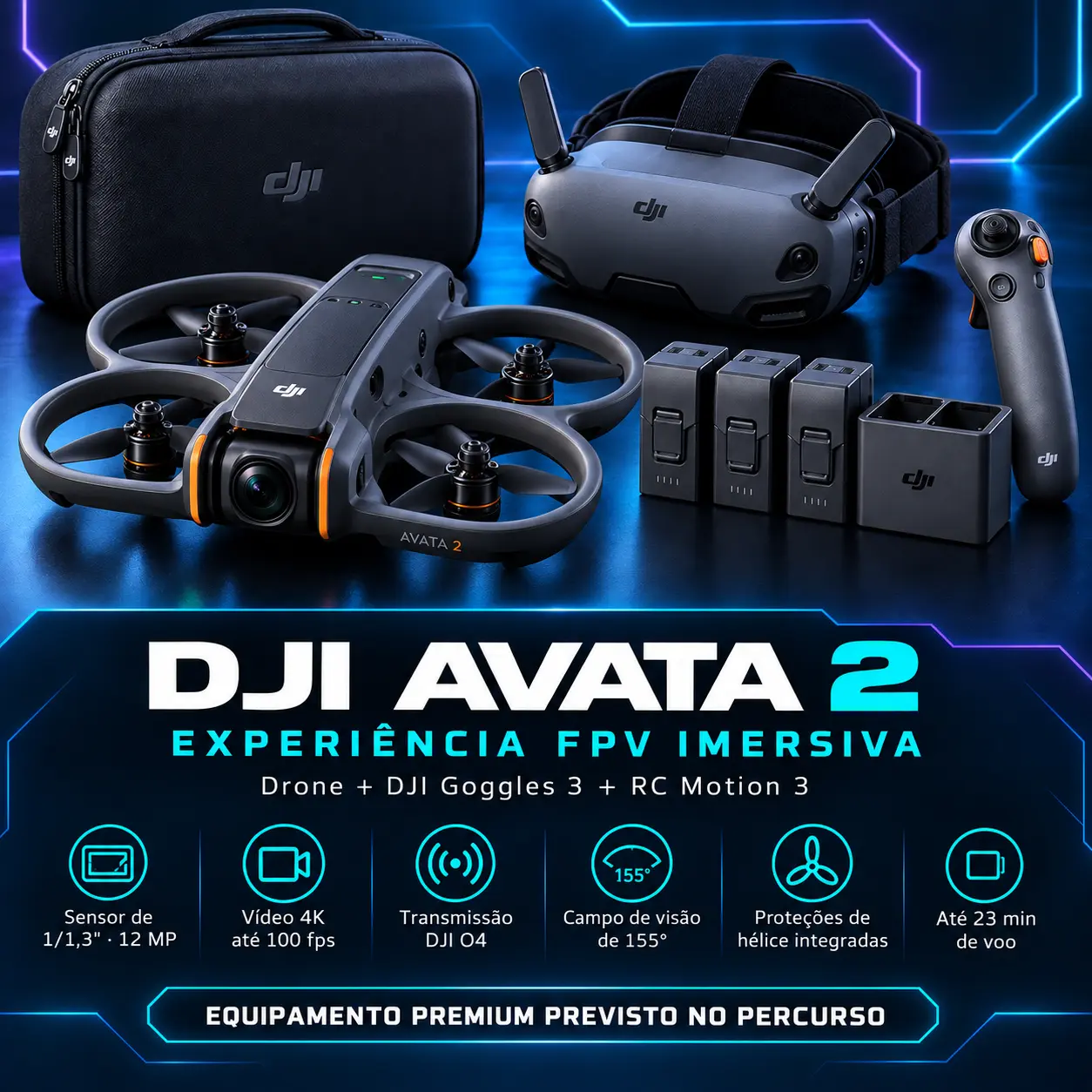 Conjunto formativo previsto com DJI Avata 2, óculos FPV e comando de movimento