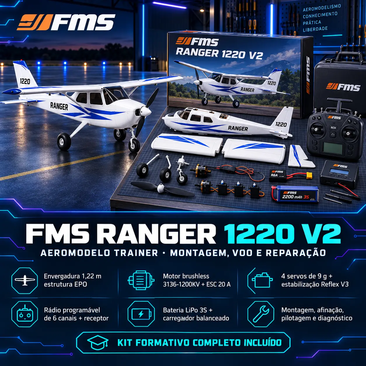 Aeromodelo trainer de referência montado e com os seus componentes
